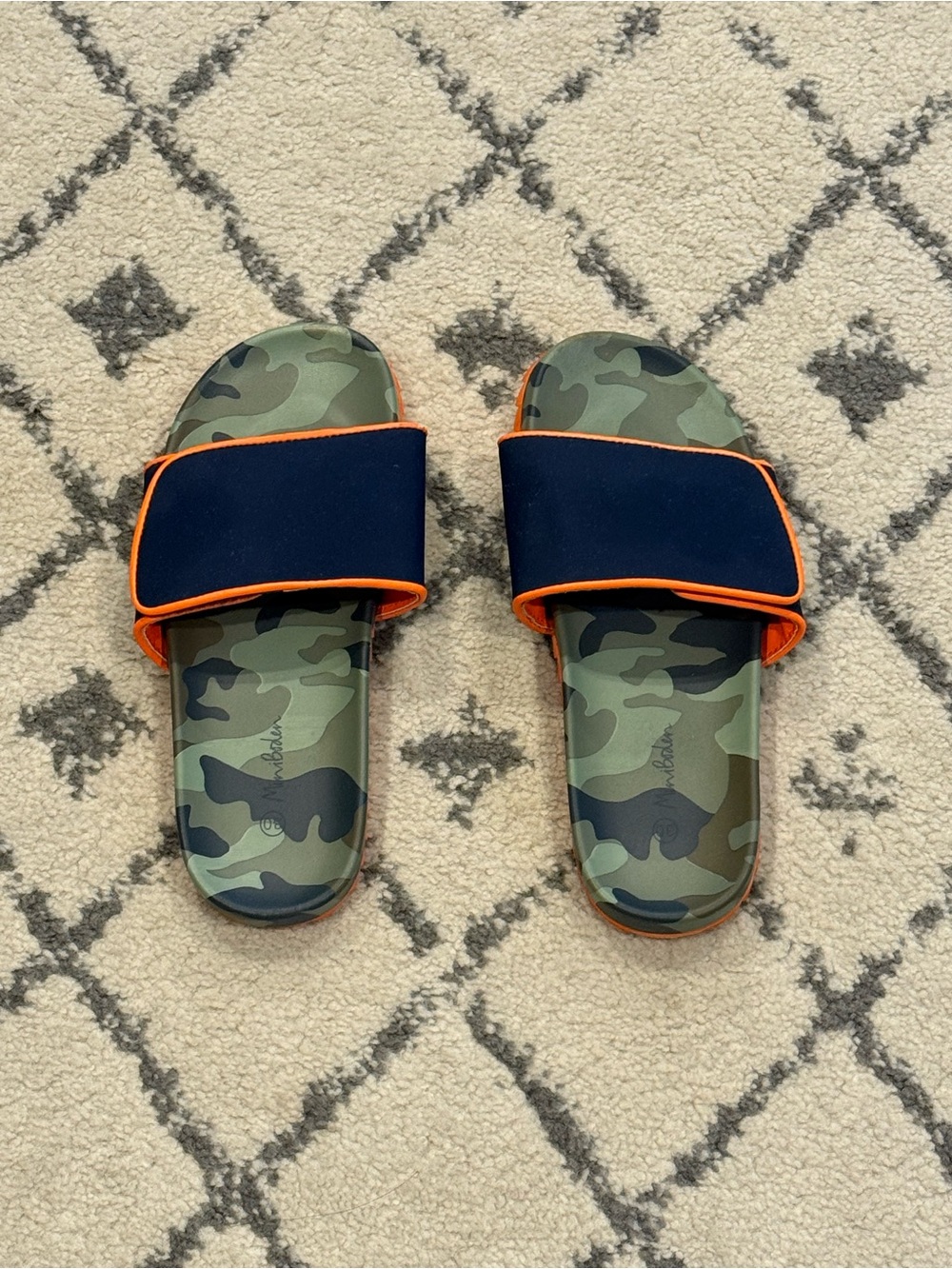 Mini Boden Green Camouflage Slides with Navy and Orange Trim